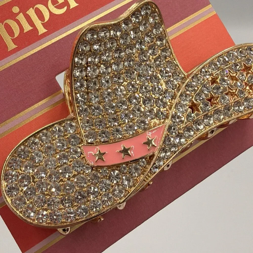 Piper K Rhinestone Cowgirl Hat Hair Claw Clip Western Rodeo Bling Pink Gold